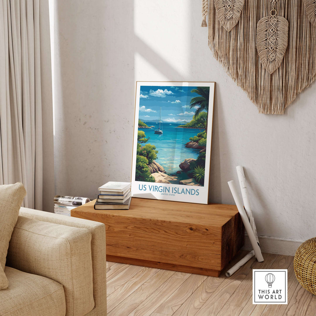 US Virgin Islands poster showcasing blue ocean and tropical scenery, perfect for Caribbean wall art and coastal decor.