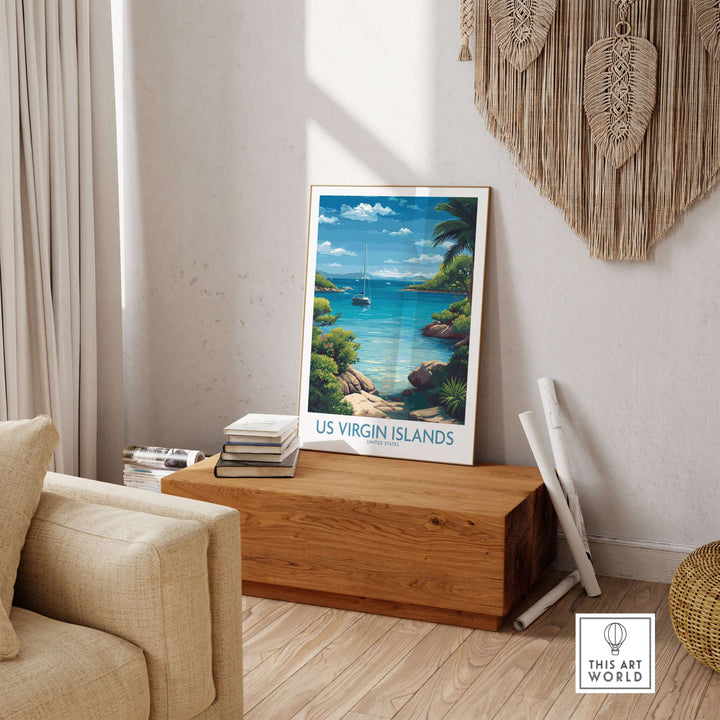 US Virgin Islands poster showcasing blue ocean and tropical scenery, perfect for Caribbean wall art and coastal decor.