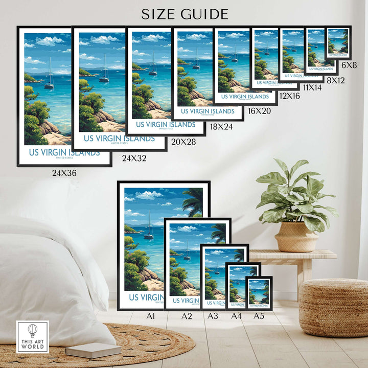 US Virgin Islands poster size guide showcasing various frame dimensions and coastal scene design.