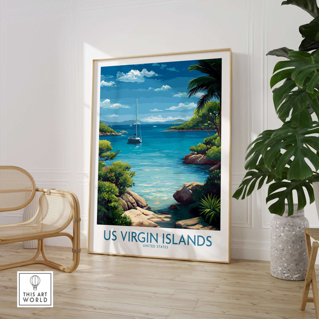 US Virgin Islands poster featuring blue ocean and tropical scenery, perfect for Caribbean wall art.