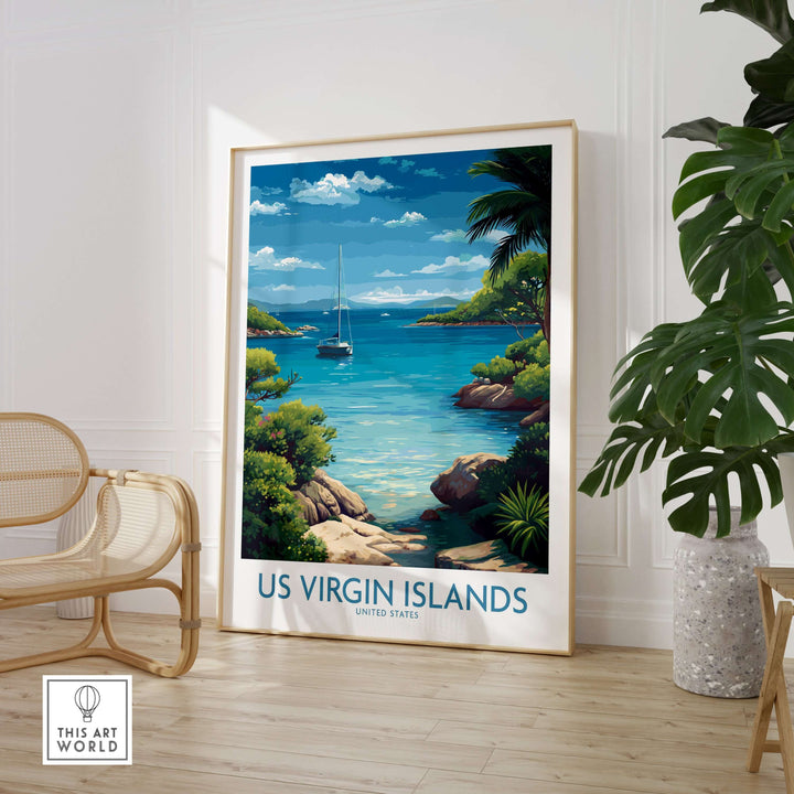 US Virgin Islands poster featuring blue ocean and tropical scenery, perfect for Caribbean wall art.