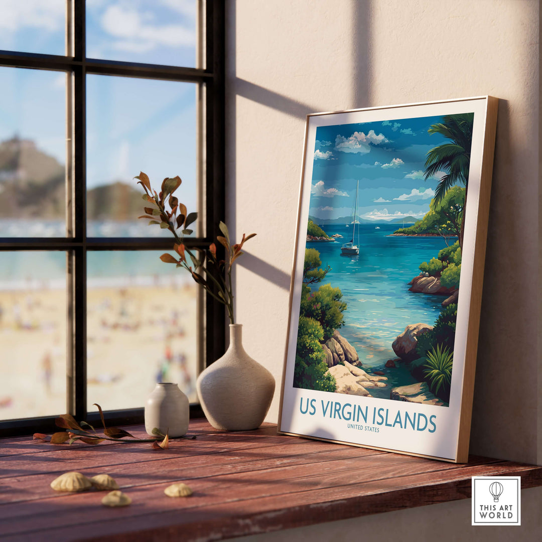 US Virgin Islands poster displaying blue ocean and tropical scenery near a window, enhancing any room with coastal charm.