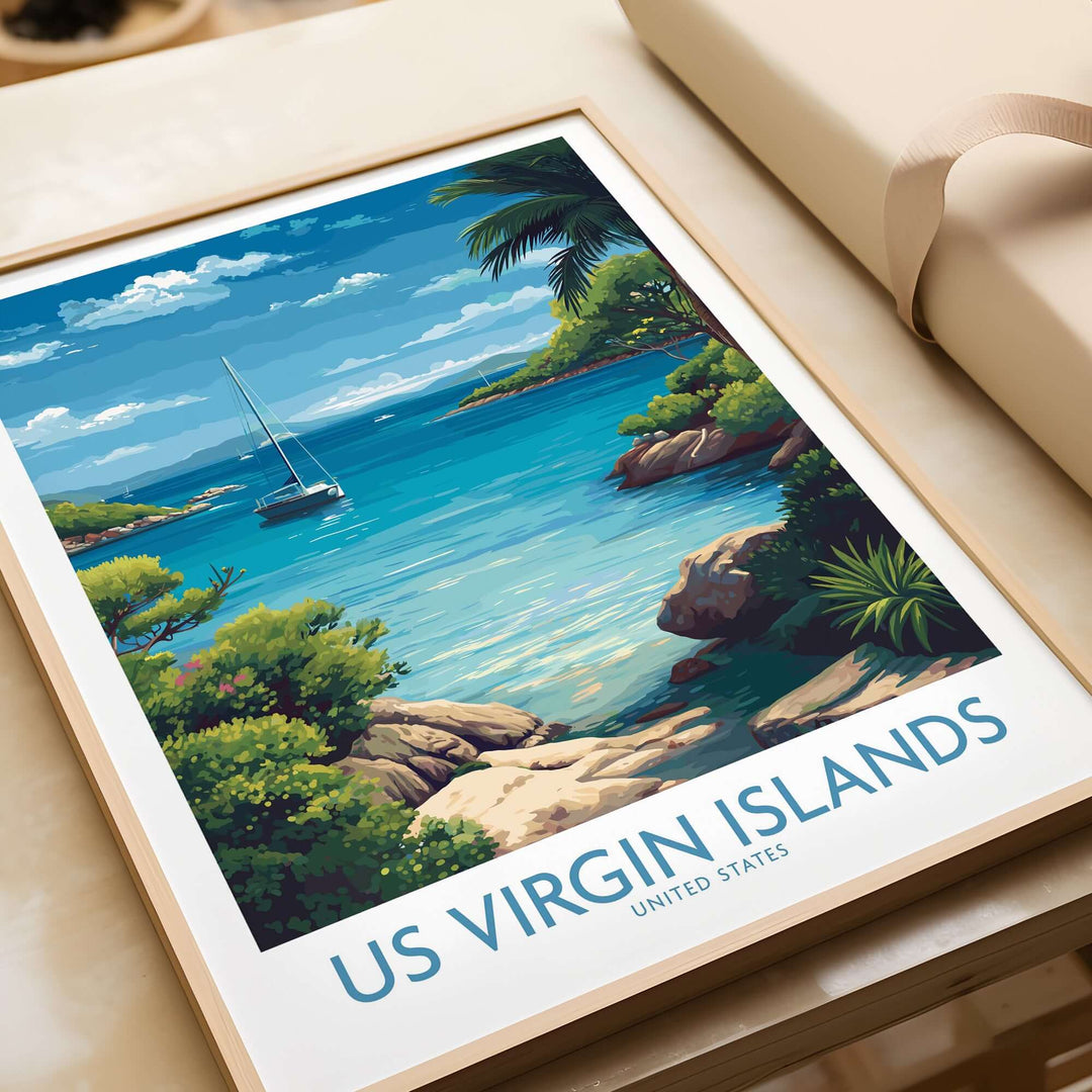 US Virgin Islands poster featuring a serene blue ocean scene, perfect for tropical wall art and Caribbean travel decor.