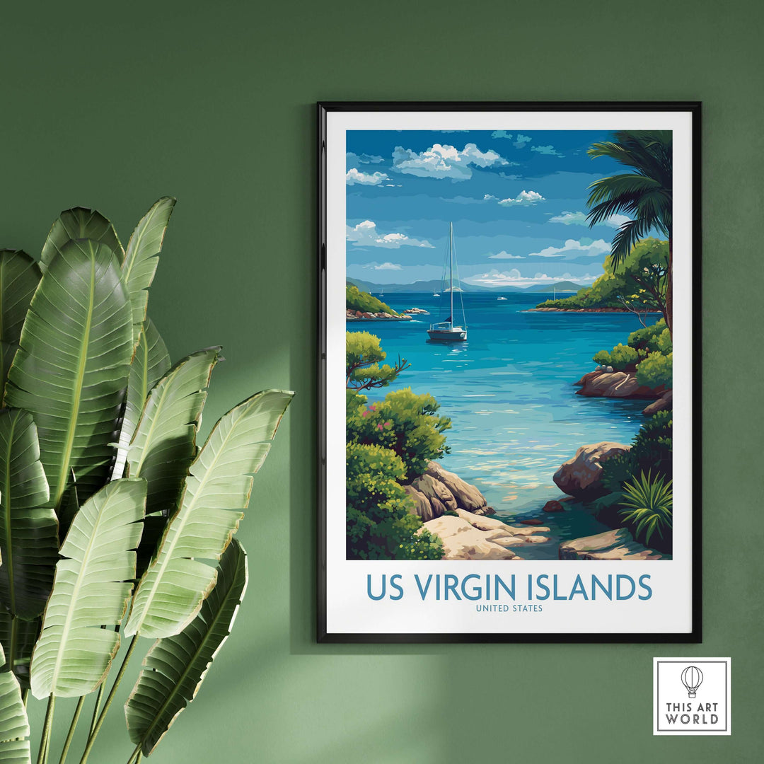 US Virgin Islands poster featuring a serene blue ocean and lush tropical landscape, perfect for Caribbean wall art.