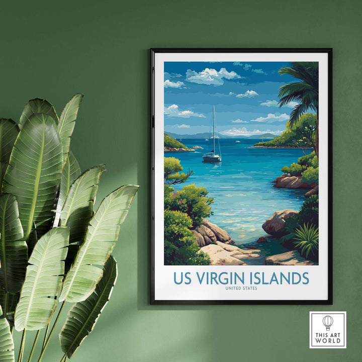 US Virgin Islands poster featuring a serene blue ocean and lush tropical landscape, perfect for Caribbean wall art.