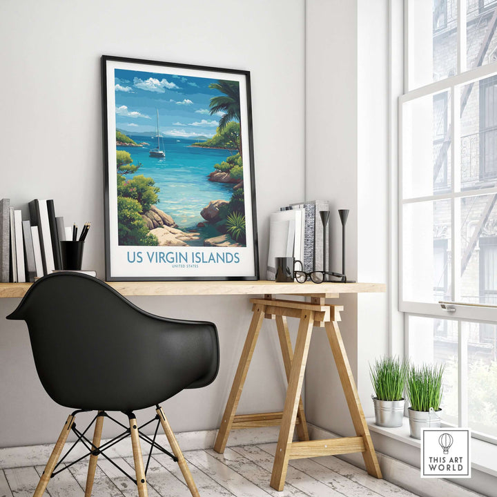 US Virgin Islands poster in a stylish workspace, showcasing tropical ocean views and a serene atmosphere.