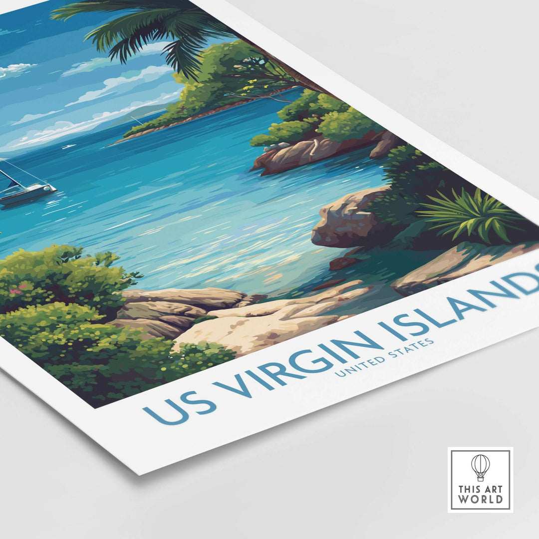 US Virgin Islands poster featuring crystal-clear blue ocean and tropical landscape for Caribbean travel decor.