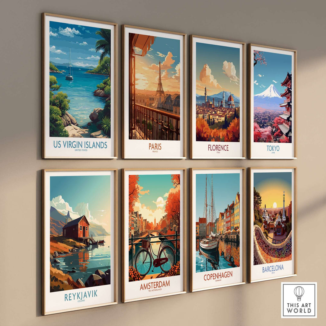 Gallery of vibrant travel posters featuring the US Virgin Islands, Paris, Florence, Tokyo, Reykjavik, Amsterdam, Copenhagen, and Barcelona.