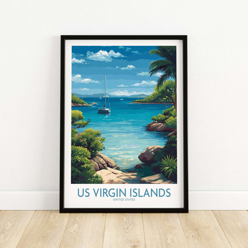 Vibrant US Virgin Islands poster featuring blue ocean, tropical scenery, and sailboat ideal for Caribbean wall art.