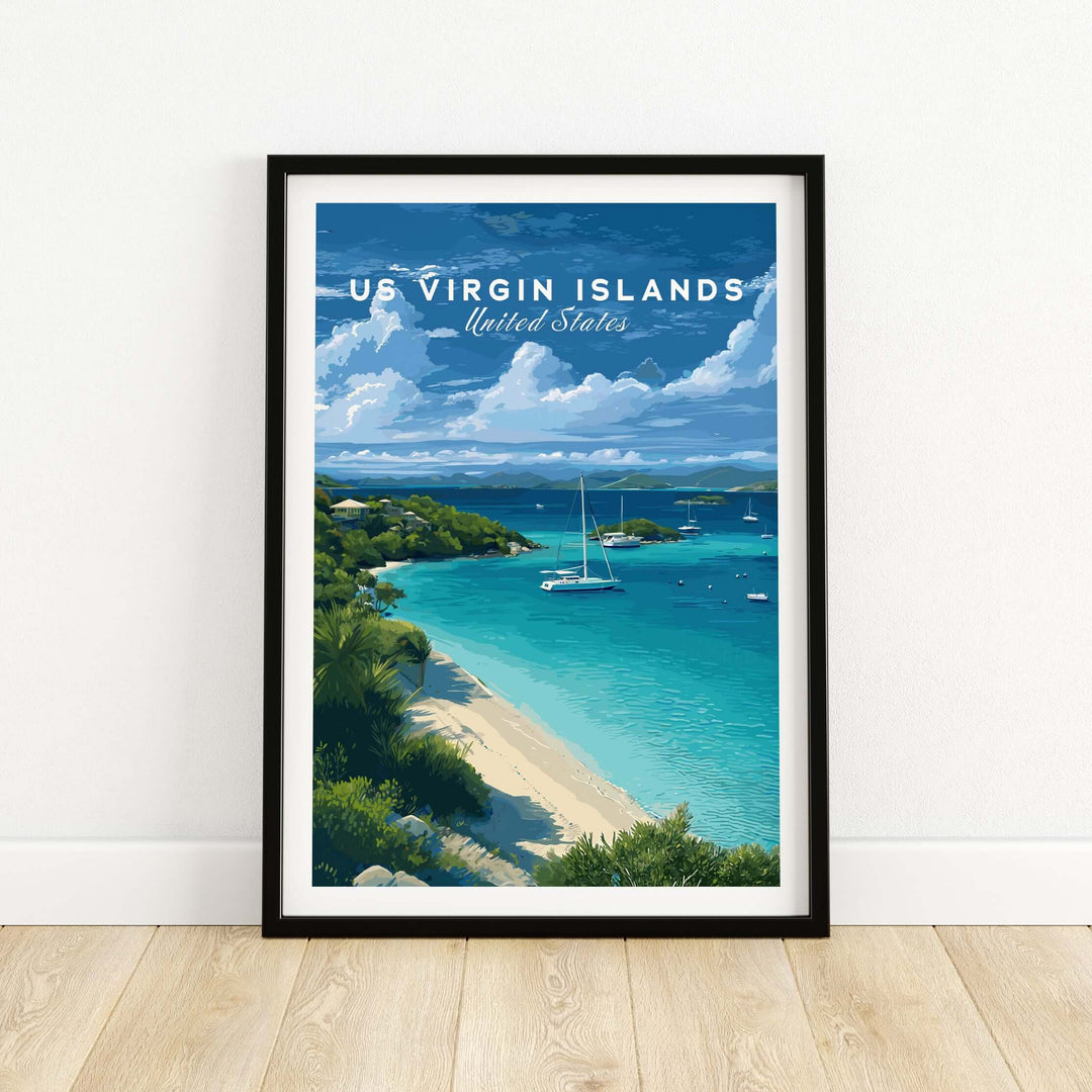 Framed St. John Beach poster showcasing US Virgin Islands with crystal-clear waters and tropical scenery.