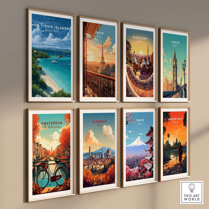 Gallery of travel posters featuring US Virgin Islands, Paris, Barcelona, London, Amsterdam, Florence, Tokyo, and Angkor Wat.