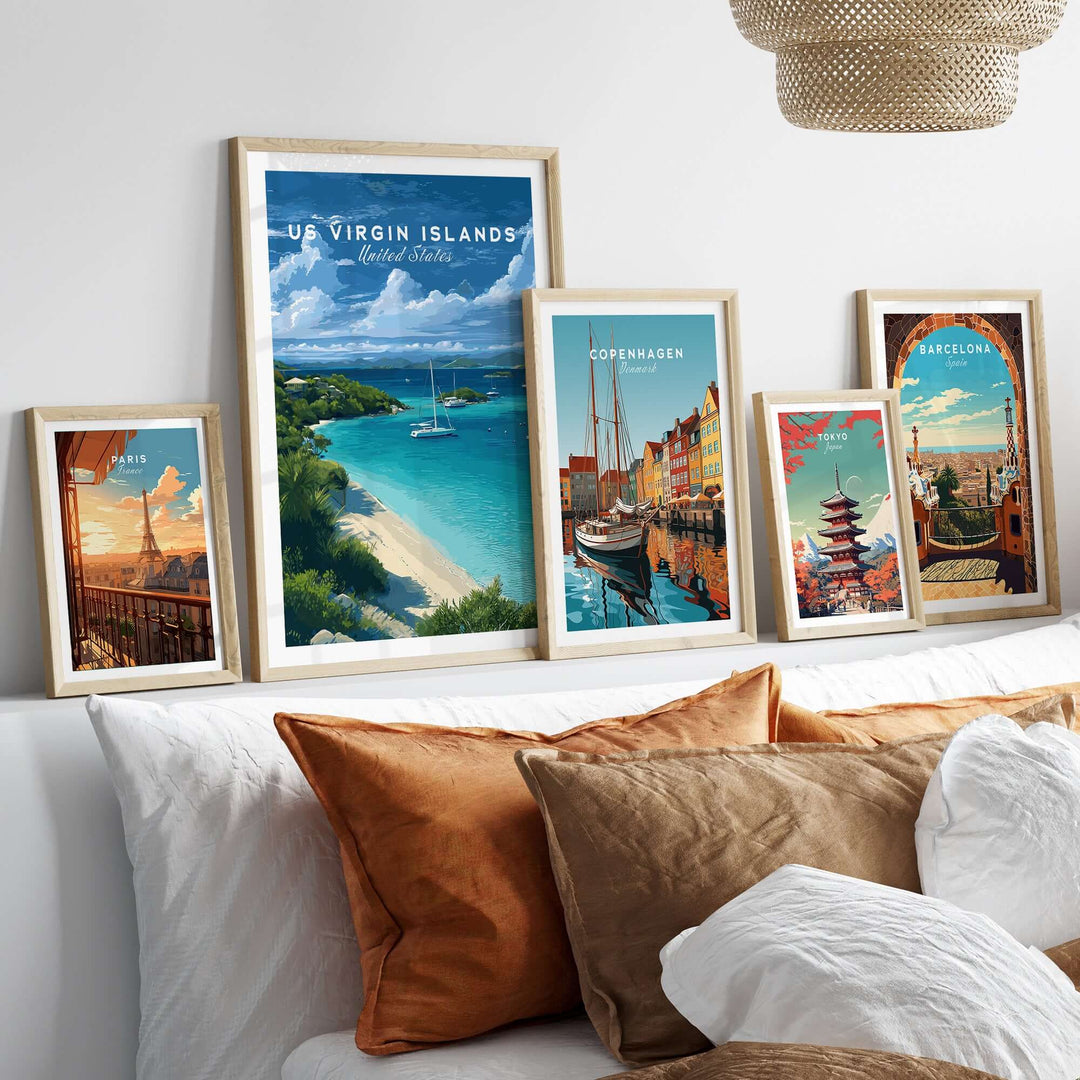Gallery of travel posters including US Virgin Islands and vibrant tropical beach decor above a cozy bed.
