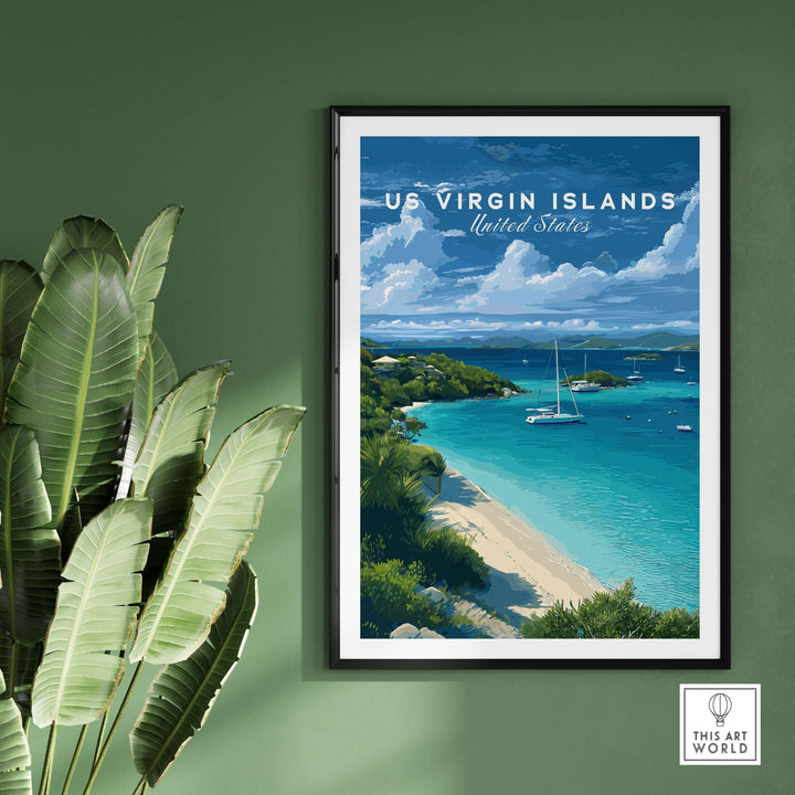 St. John Beach poster depicting US Virgin Islands with turquoise waters and tropical scenery, perfect for home decor.