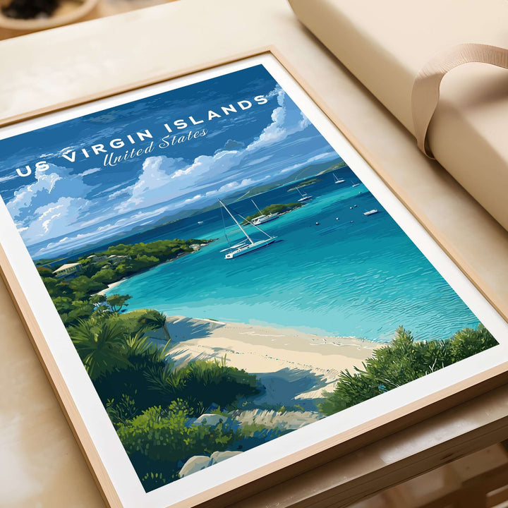 St. John Beach poster featuring US Virgin Islands with turquoise waters and lush greenery, perfect for Caribbean home decor.