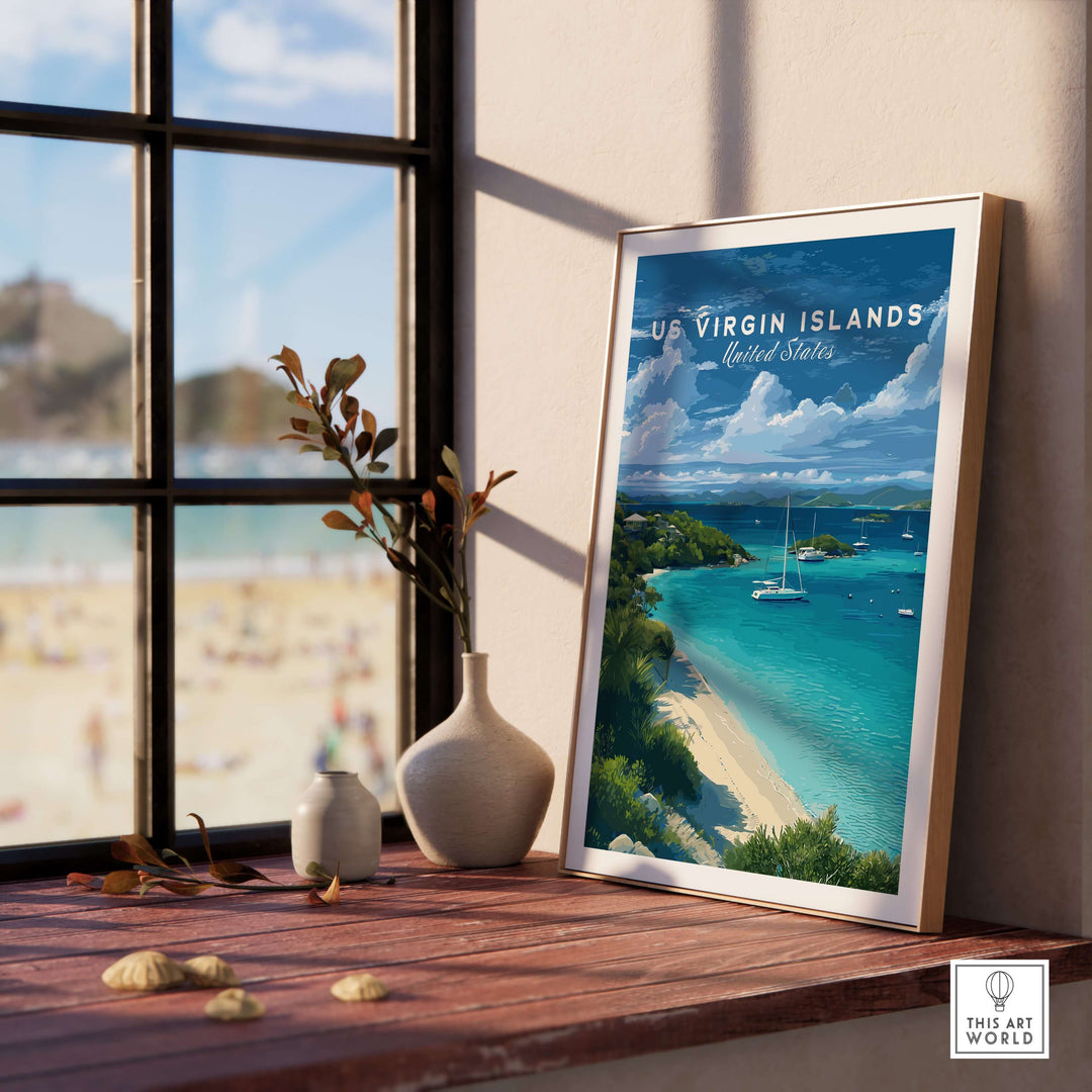 St. John Beach poster showcasing the vibrant US Virgin Islands, perfect for Caribbean home decor.