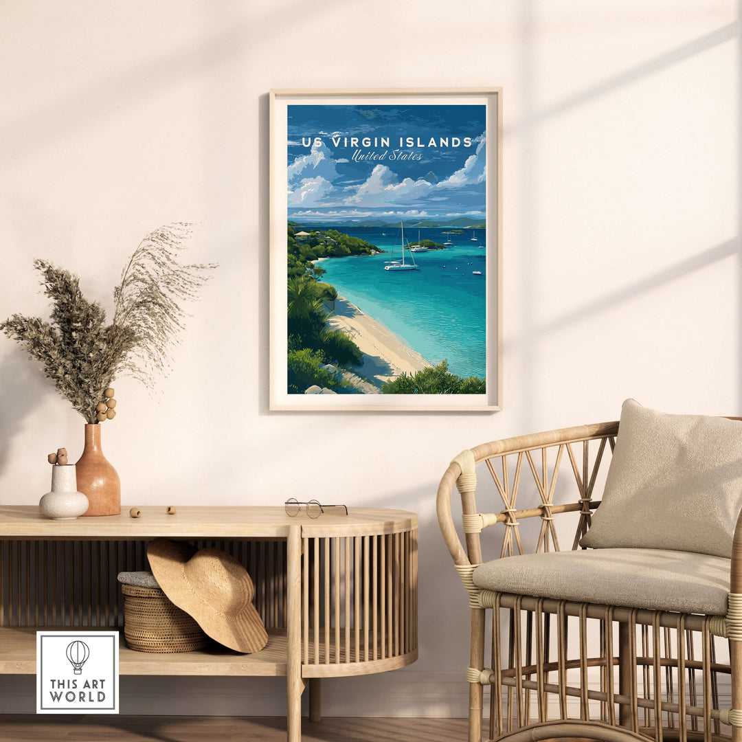 US Virgin Islands St. John beach poster framed on wall above modern chair, showcasing tropical scenery and coastal vibes.