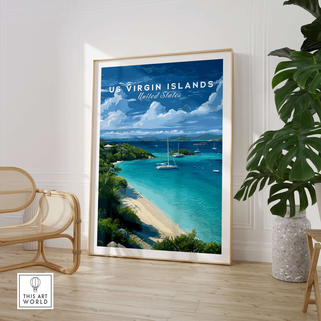 St. John Beach poster showcasing the US Virgin Islands' vibrant waters, perfect for Caribbean home decor.