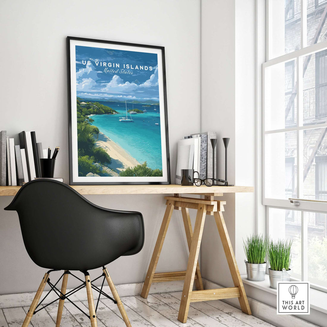 US Virgin Islands St. John Beach poster displayed in a modern home office setting, enhancing Caribbean-inspired decor.