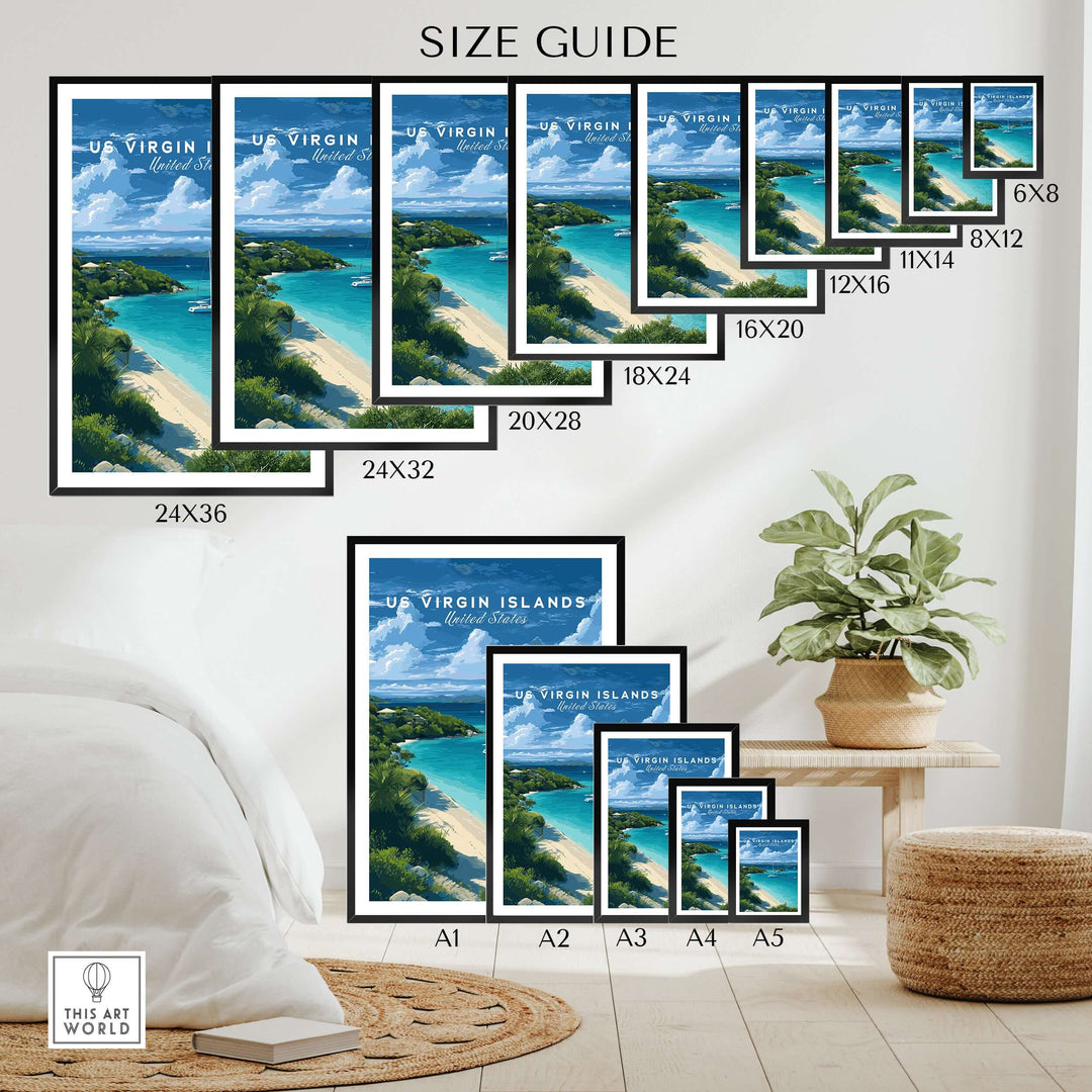 Size guide for US Virgin Islands print showing various frame sizes for St. John Beach poster in vibrant Caribbean decor.