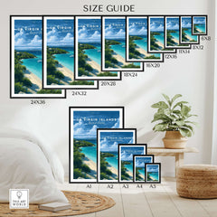 US Virgin Islands Print - St. John Beach Poster - Caribbean Home Decor size guide with various frame sizes displayed.