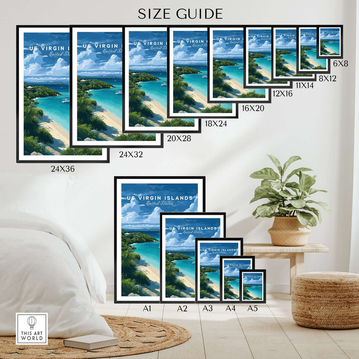 Size guide for US Virgin Islands print showing various frame sizes for St. John Beach poster in vibrant Caribbean decor.