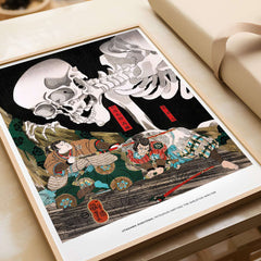 Exhibition Art Print Utagawa Kuniyoshi Skeleton Spectre Japanese Ukiyo-e Poster Wall Art in a framed display.