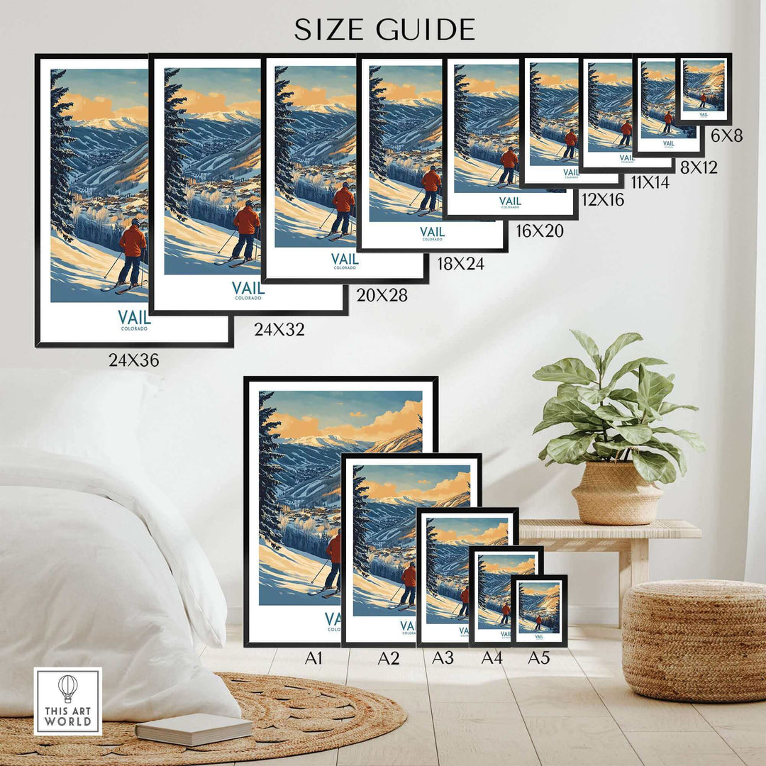 Ski-themed Vail Colorado poster size guide, showcasing various dimensions. Perfect print for ski enthusiasts and home decor.