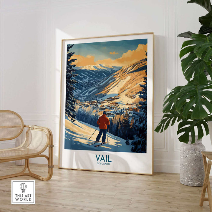 Vintage Vail Colorado ski poster print featuring a scenic mountain landscape, ideal for ski enthusiasts and decor.