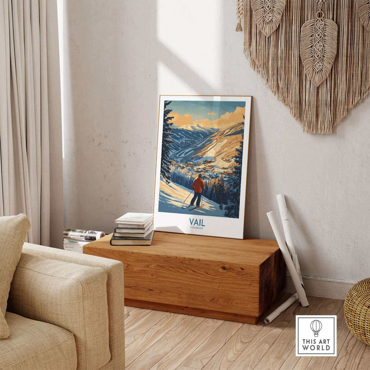 Vail ski poster print on wooden bench in cozy living room, showcasing a scenic Colorado mountain landscape.