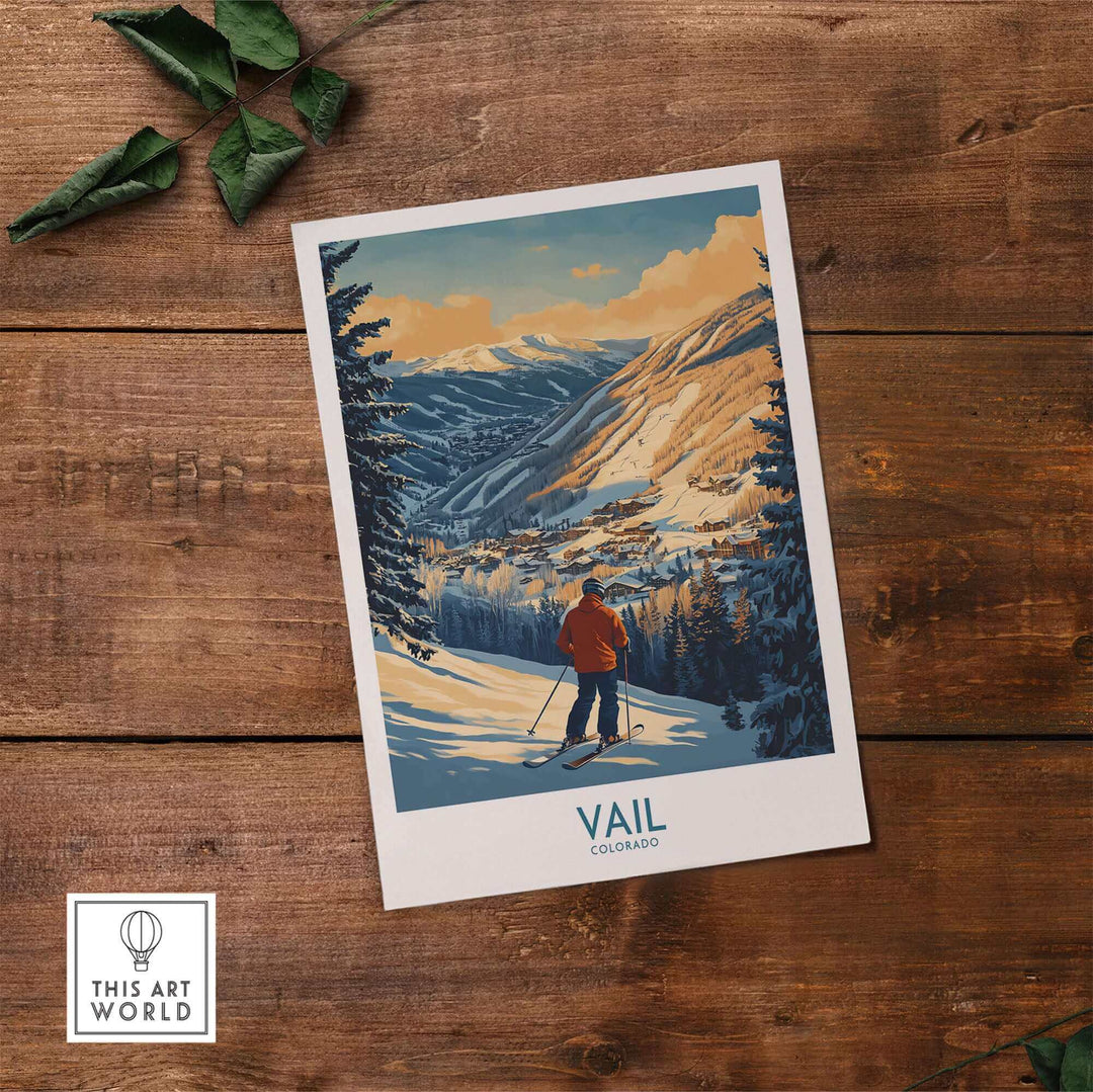 Vail Colorado ski print poster with skier on a mountain, perfect wall art for winter sports enthusiasts