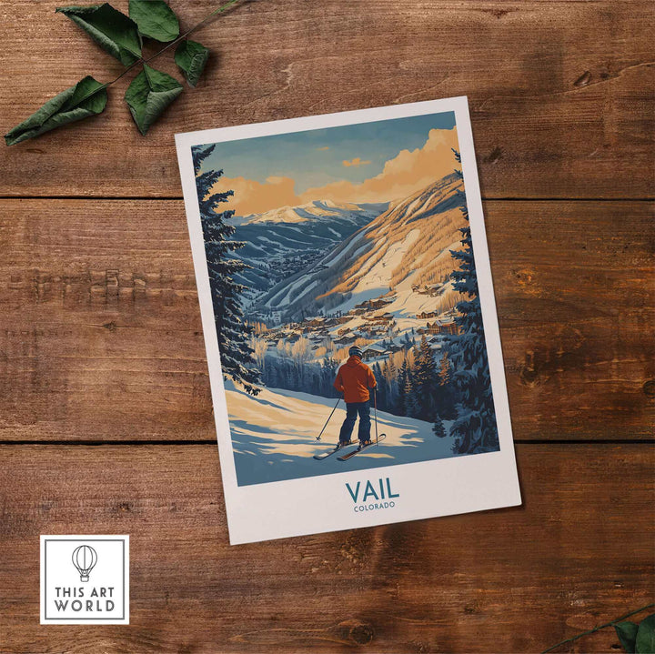 Vail Colorado ski print poster with skier on a mountain, perfect wall art for winter sports enthusiasts