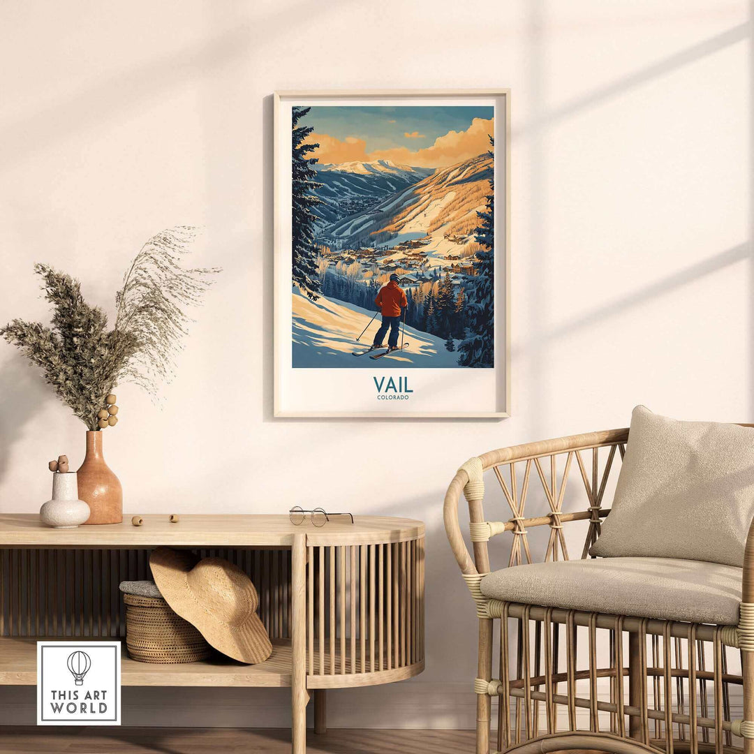 Decorative Vail poster showcasing a skier on a snowy Colorado mountain, perfect for enhancing a cozy living room or ski lodge decor.