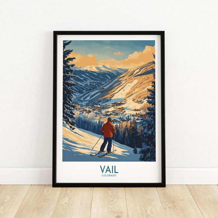 Vintage Vail poster featuring a skier in Colorado mountains, capturing the scenic beauty of a ski resort in a framed print.