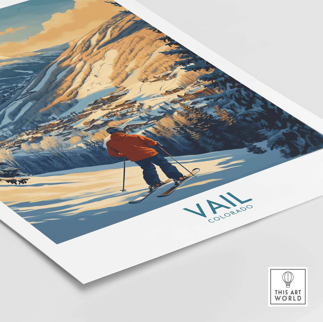 Vail, Colorado ski poster featuring skier on snowy mountain with scenic view, perfect for winter sports enthusiasts and art lovers.