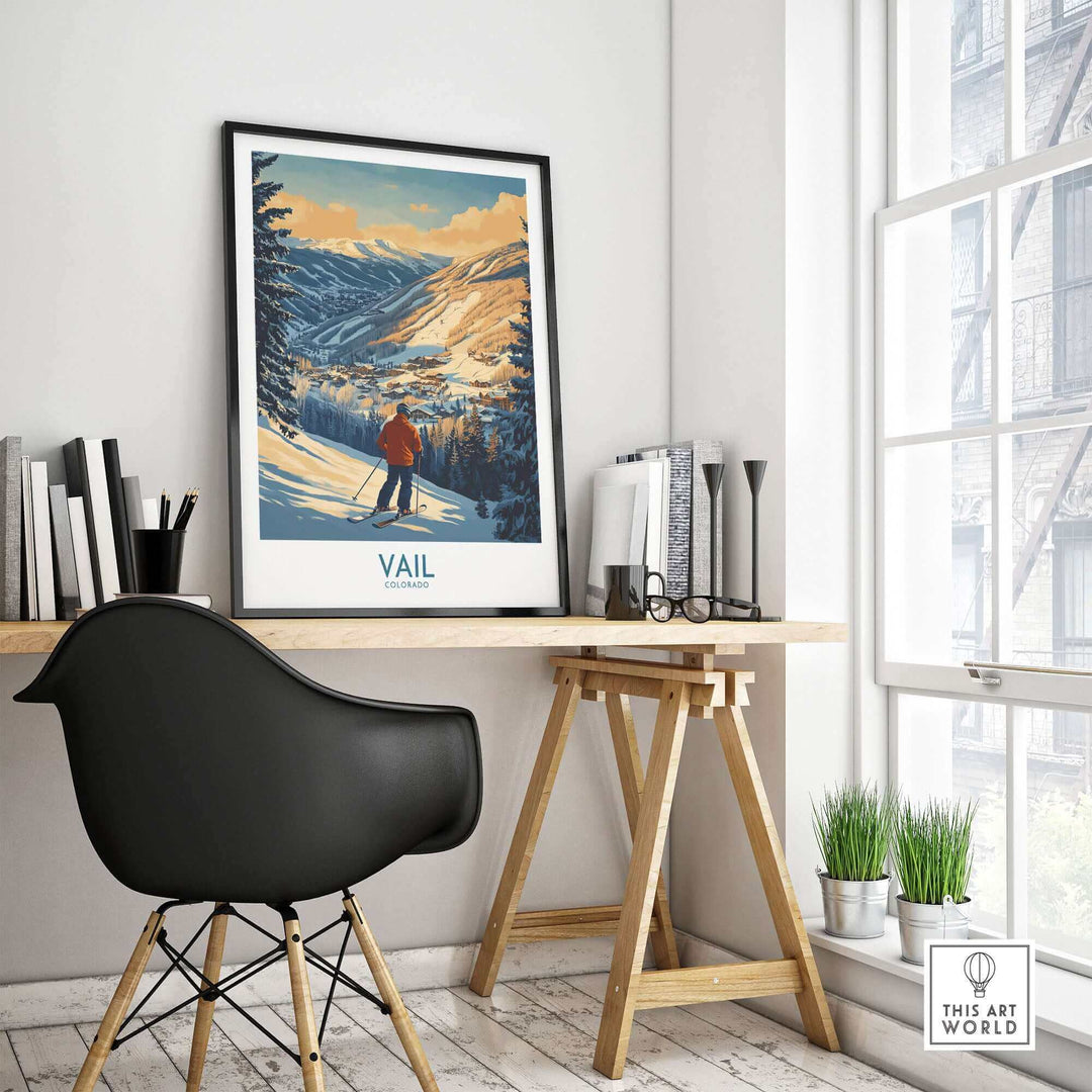 Vail ski poster in modern home office setting, showcasing Colorado mountain landscape.