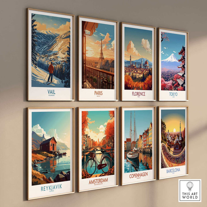 Gallery of travel posters featuring scenic views from Vail, Paris, Florence, Tokyo, Reykjavik, Amsterdam, Copenhagen, and Barcelona.