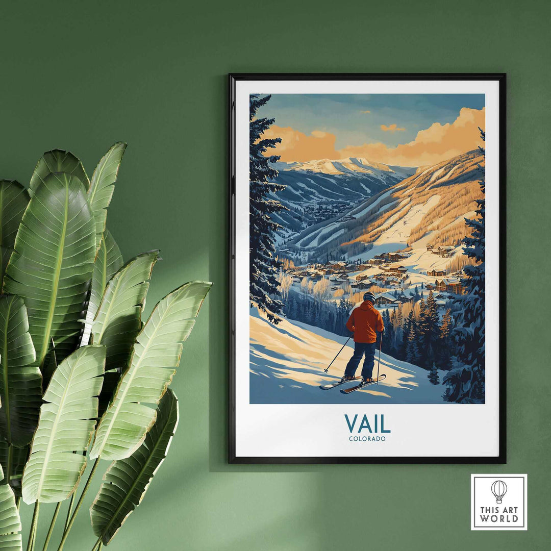 Vail Colorado ski print poster featuring a skier on a snowy mountain with a scenic view, displayed on a green wall.