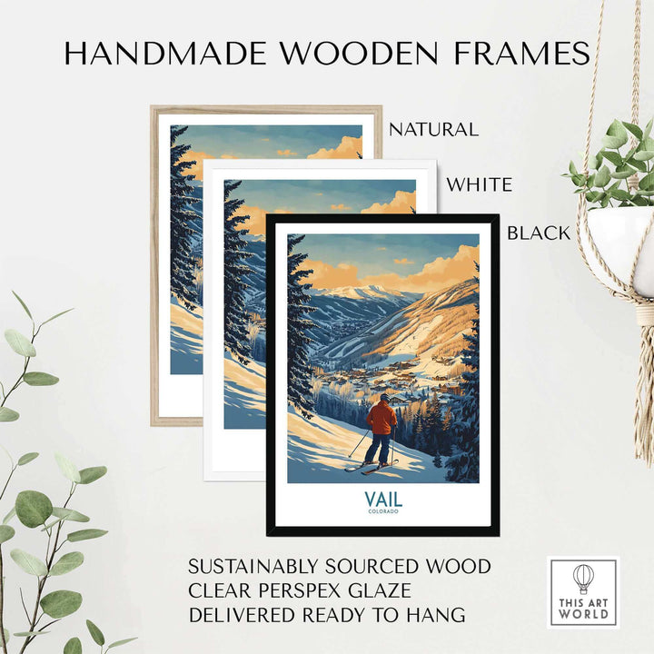 Vail Poster Colorado Ski Print in Handmade Wooden Frame, Available in Natural, White, Black. Eco-friendly and Ready to Hang.