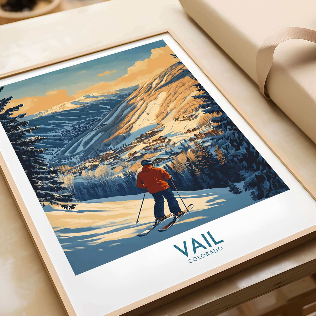 Vail Colorado ski poster print featuring a scenic winter landscape with a skier, perfect for ski enthusiasts and home decor.