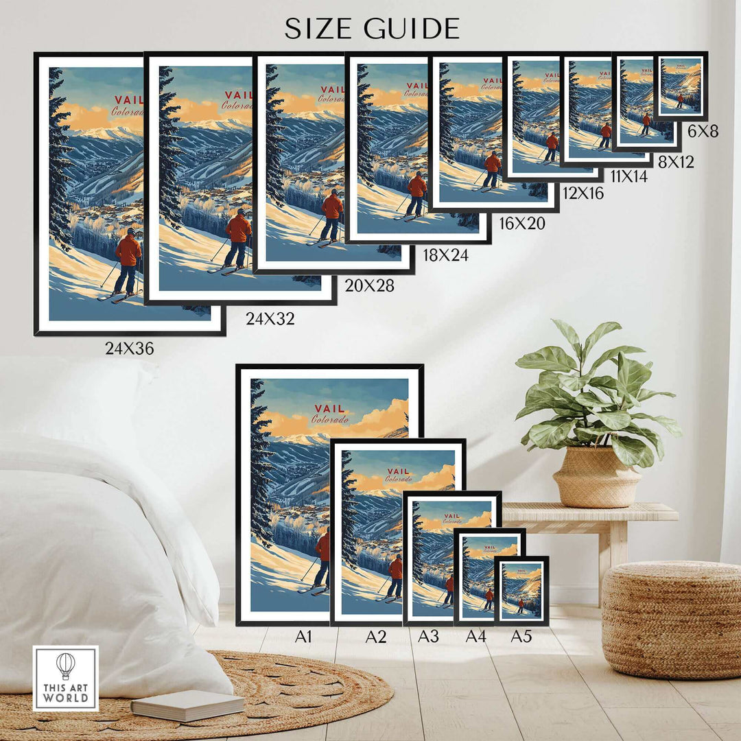 Vail Print Colorado Ski Poster Size Guide - Various Dimensions Displayed in Room Setting