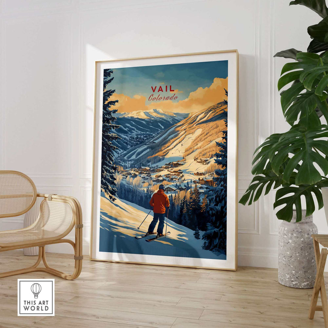 Vintage-style Vail Colorado ski poster featuring scenic mountain view with skier, ideal for winter sports and decor enthusiasts.