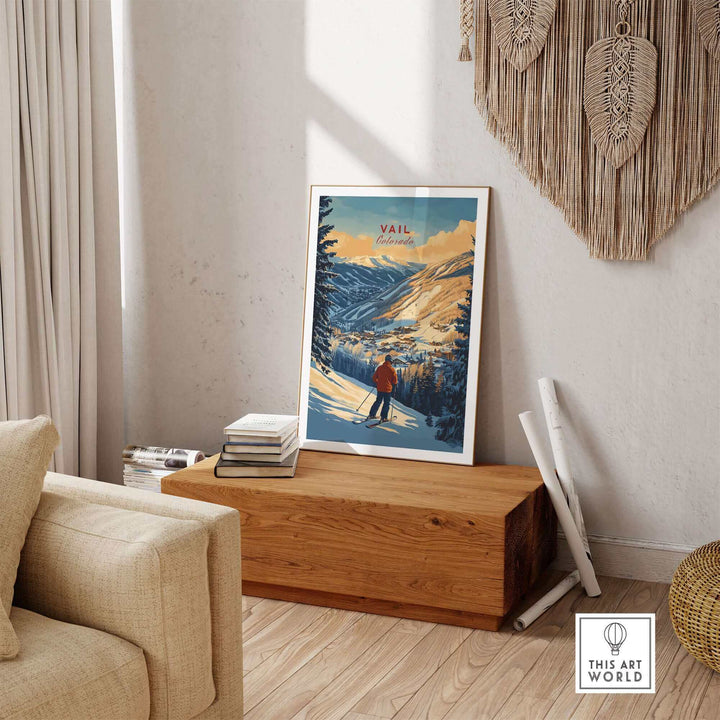 Vail Print Colorado Ski Poster displayed on a wooden bench in a cozy living room.