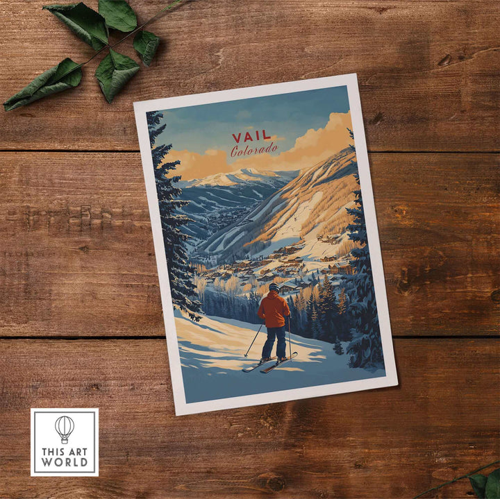 Vintage Vail Colorado ski poster with a skier in a red jacket against mountain landscape on a wooden background.