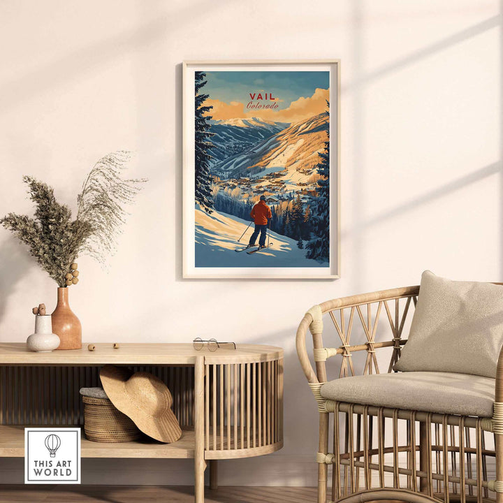 Vail Print Colorado Ski Poster in modern living room decor, featuring mountains and skier, creating a cozy artistic ambiance.