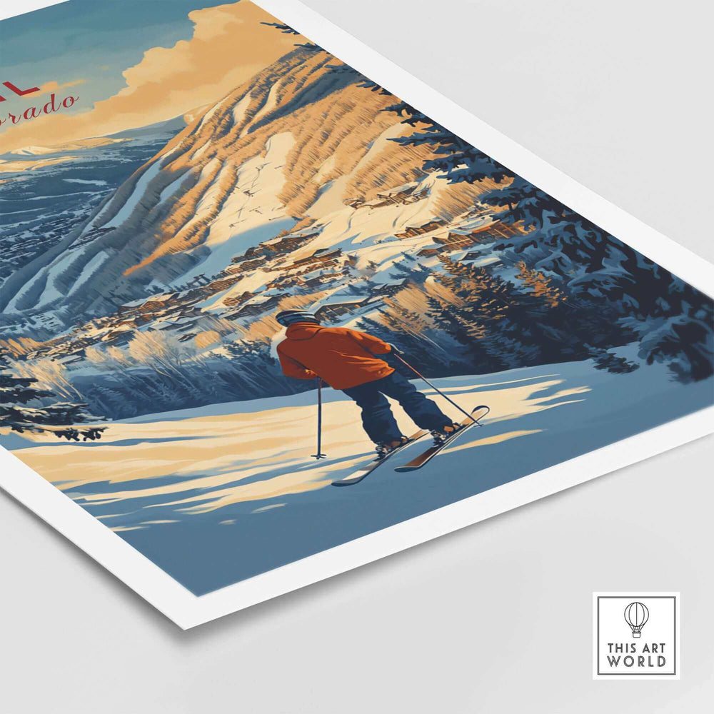 Vintage Vail print featuring a skier on snowy slopes in Colorado mountains, perfect for ski enthusiasts and art collectors.