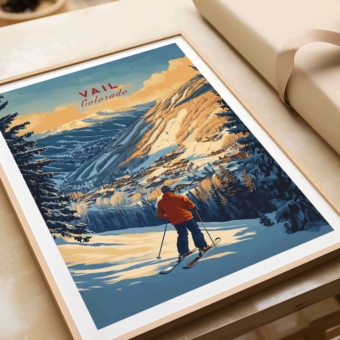 Vintage Vail Colorado ski poster featuring a skier admiring a snow-covered mountain landscape in rich blue and orange hues.