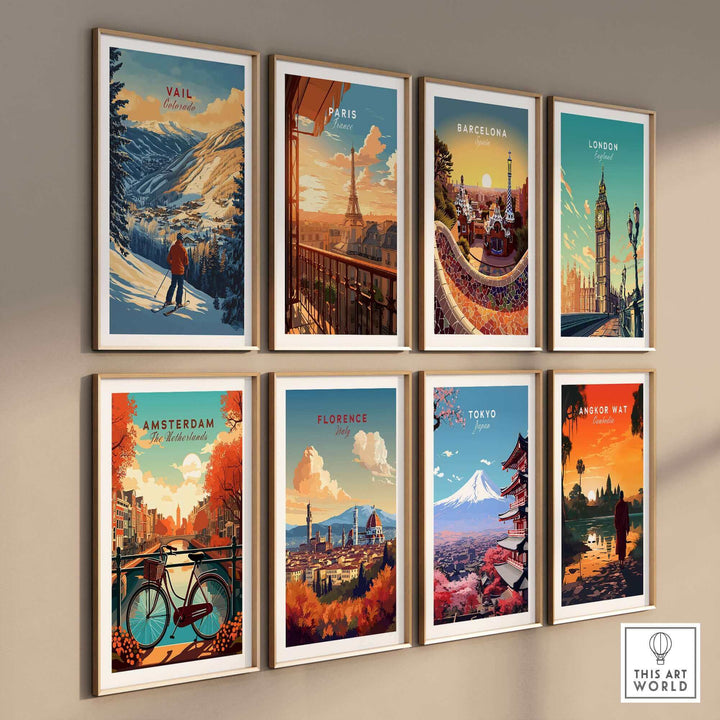 Multiple framed travel posters including Vail Colorado ski scene, Paris Eiffel Tower, and iconic cities like Barcelona and London on a wall.