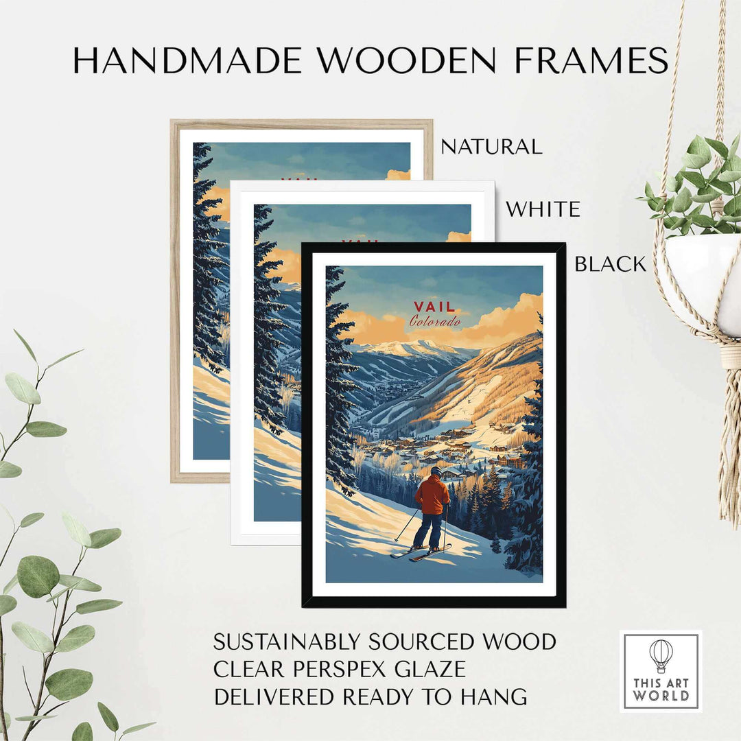 Vail Colorado ski poster in handmade wooden frames, available in natural, white, and black. Eco-friendly and ready to hang.