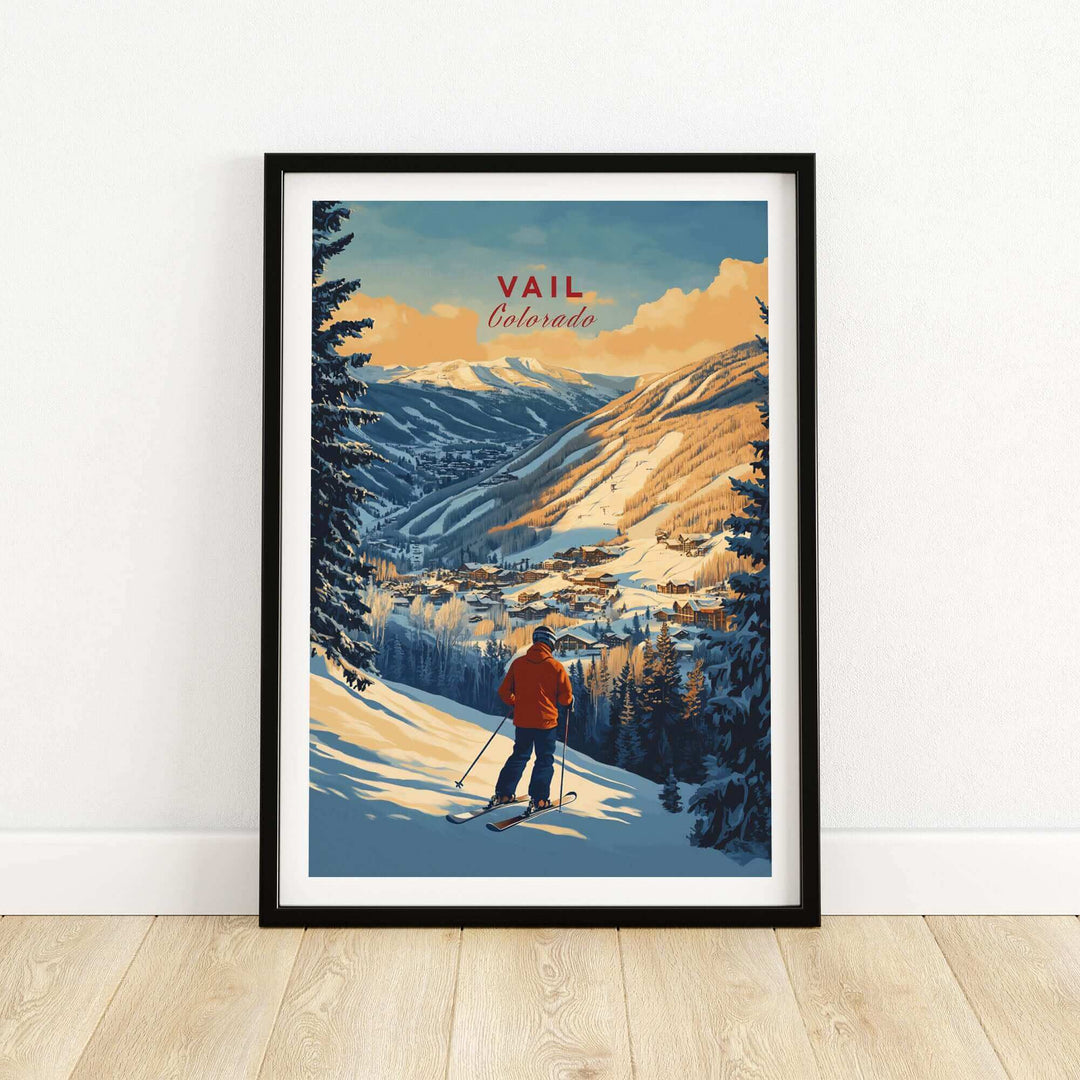 Vail Colorado ski poster featuring a skier on snowy slopes with a scenic mountain view, ideal for Colorado ski enthusiasts.