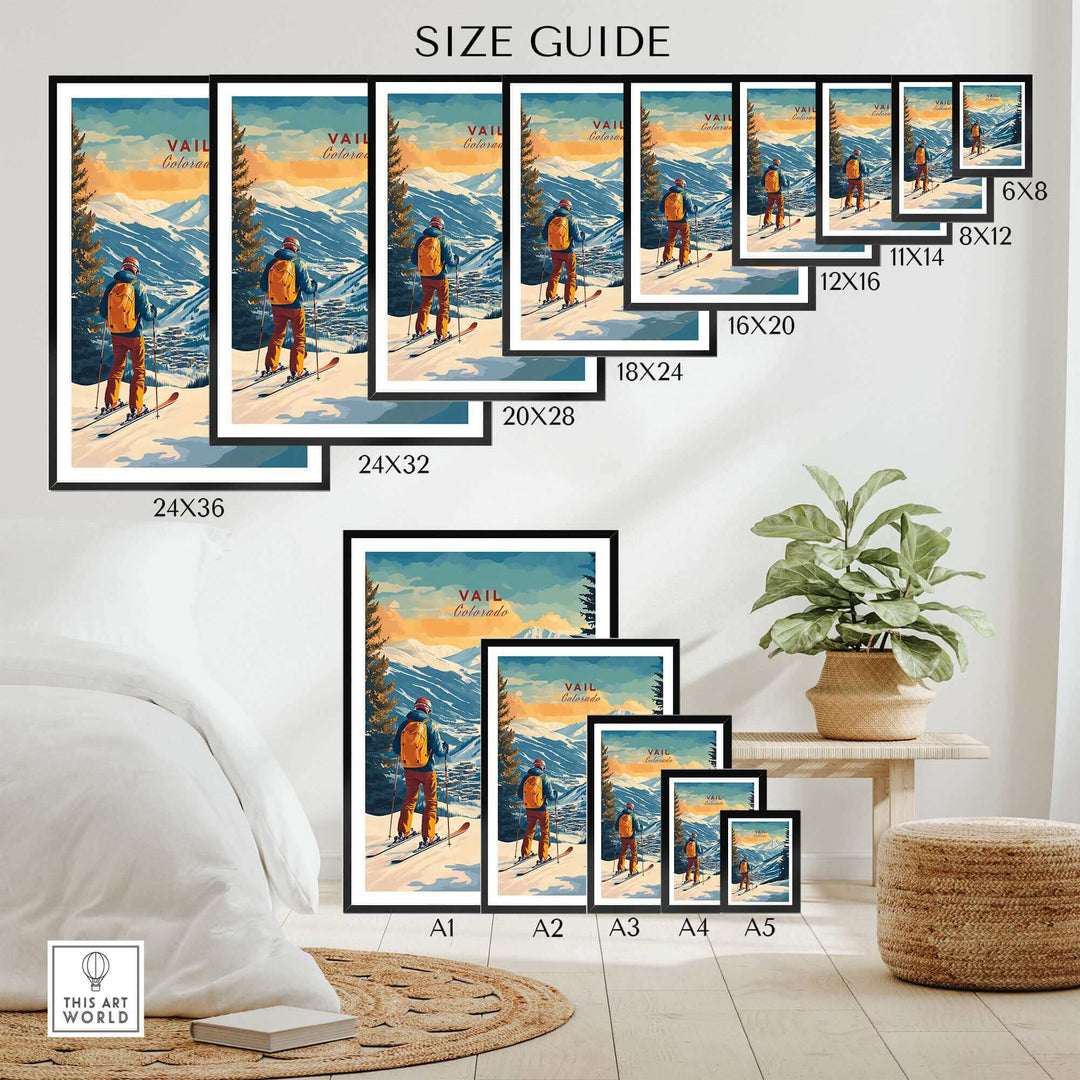 Multiple sizes of Vail Ski Poster featuring Colorado mountain scenery with skier, displayed in a cozy bedroom setting.